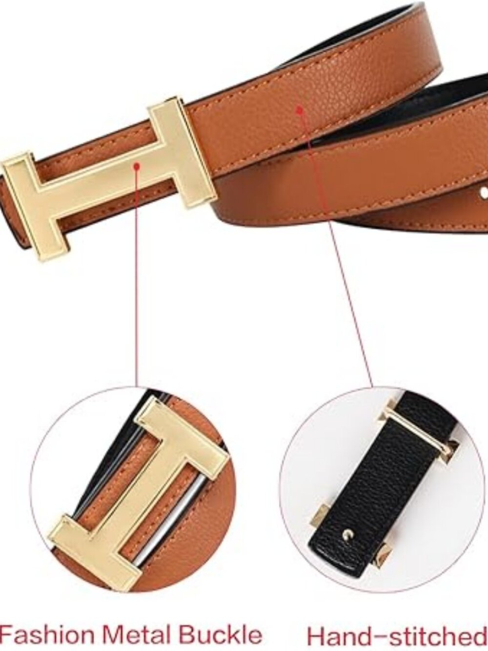 Women's Leather Belt with Gold Buckle, Versatile Waist Band, Size 24-36 - Picture 4 of 5
